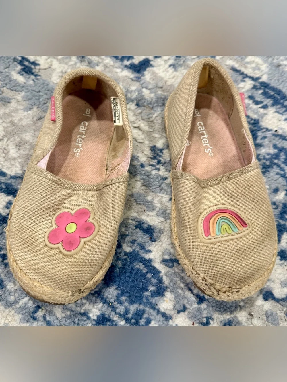 Carter's Beige Canvas Slip-On Shoes with Pink Flower & Rainbow Accent